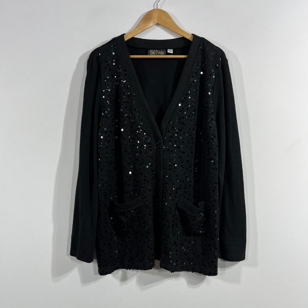Bob Mackie Artsy Black Sequin Wearable Art Cardigan Sweater Large Event Boho